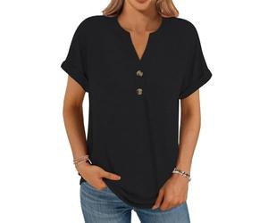 Cuptacc Tee Shirt Femme Col en V avec Boutonnés Été Décontracté Manches Courtes Élégantes Couleur Uni TopsEt Chemisiers Femme Noir XL 46-48