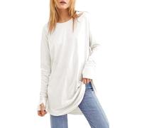 Cuptacc Tee Shirt Femme Col Rond Blouse À Manches Longues Haut avec Trous pour Les Pouces Mode Blanc, Petit S 36