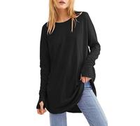 Cuptacc Tee Shirt Femme Col Rond Blouse À Manches Longues Haut avec Trous pour Les Pouces Mode Noir, Petit S 36