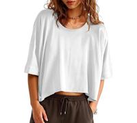 Cuptacc Tee Shirt Femme Haut Col Rond Décontracté Ete Crop Top Manches Courtes Grande Taille Chemisier Yoga Weiß XXL 50-52
