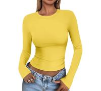 Cuptacc Tee Shirt Femme Moulant Automne Confort Running Femme Respirant Extensible Col Rond Tshirt Élégants sans Ride Unie Sweatshirt Jaune XXL