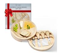 CUQOO Plateau à Fromage Rond en Bois avec Compartiment à Couteaux - 3 Couteaux et 1 Fourchette en Acier Inoxydable - Idéal pour Fromage, Fruits et Viande