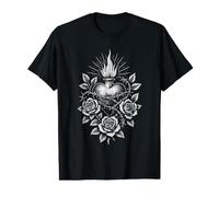 Cœur de Jésus Sacré Flamme Gothique Roses Chicano Mexicain T-Shirt Graphique avec Valeur