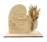 Cœur en Bois ＆ Bouquet Merci Nounou, Plaque Déco Cadeau Nounou Original | Bois 20x17cm déco à bouquet: idée cadeau nounou & cadeau pour nounou pour noël, fin d'année ou fin de contrat