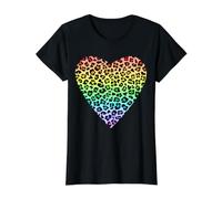 Cœur Motif Léopard Arc en Ciel Graphique Bicolore Retro T-Shirt Graphique avec Valeur, Femme, Noir, XS