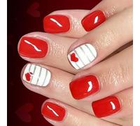 Cœur Rouge Brillant Et Rayures Argentées Faux Ongles 24 Pièces Presses Carrées Courtes Sur Les Pour La Saint-Valentin Rencontres De Salon Rapide