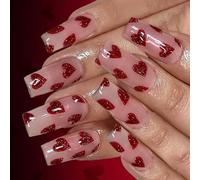 Cœur Rouge Presse Sur Les Ongles Médiums Styles De Cercueil 24 Pièces Finition Brillante Non Toxique Fête Date Essentielle Fête Paillettes Faux Ongles Avec Conception De Flamme