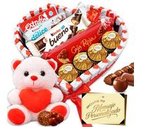 Cœur Surprise Cadeau Saint-Valentin AVEC Peluche et +40 Chocolats et Pralines - Ferrero Rocher, Caja Roja, Kinder - Carte Personnalisée
