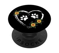 Cœur tournesol avec empreintes de pattes pour chien sur fond noir PopSockets PopGrip Interchangeable
