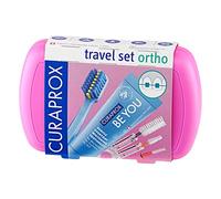 Curaprox Kit de voyage Ortho Pink, brosse à dents de voyage, brosse interdentaire, pâte à dents 10 ml, boîte de voyage (rose)
