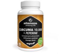 Curcuma 10.000 mg Hautement Dosé, Avec Pipérine et Curcumine, 90 Gélules D'extrait de Curcuma Dioactif, Pour 3 Mois, Complément Alimentaire Sans additif, Fabriqué en Europe, Vitamaze