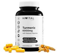 Curcuma Extrait concentrée 6000 mg avec 285 mg de Curcumine et Poivre Noir. 120 gélules végétales pour 4 mois de traitament. Fabriqué en Europe par HIVITAL