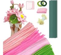 Cure Pipe, Fil Chenille, 400 Pièces Cure Pipe de Fleurs Tulipes 4 Couleurs, Kit Bouquet de Tulipes, avec Tige Fleur, Étamines, Ruban Adhésif, pour Bricolage DIY Décoration Loisir Creatif (Rose)