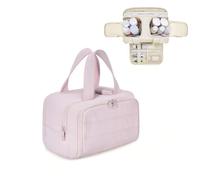 Cureaway Travel Cosmetic Bag, Cureaway Large Capacity Wide-Open Travel Cosmetic Bag, Waterproof Portable Pouch Open Flat Toiletry Bags for Women with Divider and Handle (Pink)