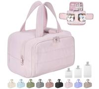 Cureaway Travel Cosmetic Bag, Curetoaway Large Capacity Wide-Open Travel Cosmetic Bag, 4-in-1 Puffy Multi-Functional Toiletry Bag for Women, Dry-and-Wet Separation with 4 Compartments (Pink)