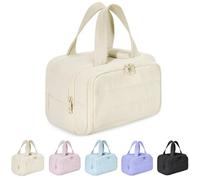 Cureaway Travel Cosmetic Bag, Curetoaway Large Capacity Wide-Open Travel Cosmetic Bag, Curetoaway Cosmetic Bag with Divider and Handle Lightweight Waterproof (Beige)