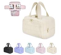 Cureaway Travel Cosmetic Bag for Women, Large Capacity Wide-Open Travel Cosmetic Bag, Waterproof Portable Pouch Open Flat Toiletry Bags, Dry-And-Wet Separation (Beige)