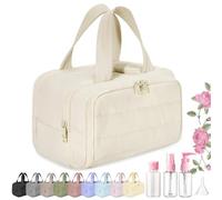 Cureaway Travel Cosmetic Bag, Large Capacity Wide-Open Travel Cosmetic Bag, 4-in-1 Puffy Multi-Functional Toiletry Bag, Open Flat Makeup Bag for Accessories, Essentials, Toiletries (Beige)