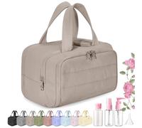 Cureaway Travel Cosmetic Bag, Large Capacity Wide-Open Travel Cosmetic Bag, 4-in-1 Puffy Multi-Functional Toiletry Bag, Open Flat Makeup Bag for Accessories, Essentials, Toiletries (Brown)