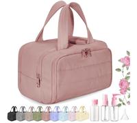 Cureaway Travel Cosmetic Bag, Large Capacity Wide-Open Travel Cosmetic Bag, 4-in-1 Puffy Multi-Functional Toiletry Bag, Open Flat Makeup Bag for Accessories, Essentials, Toiletries (Dark Pink)