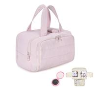 Cureaway Travel Cosmetic Bag, Large Capacity Wide-Open Travel Cosmetic Bag, Puffy Cosmetic Makeup Bags Organizer with Handle for Accessories, Essentials, Toiletries (Pink)