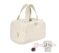Cureaway Travel Cosmetic Bag, Large Capacity Wide-Open Travel Cosmetic Bag, Puffy Cosmetic Makeup Bags Organizer with Handle for Accessories, Essentials, Toiletries (Beige)