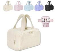 Cureaway Travel Cosmetic Bag, Large Capacity Wide-Open Travel Cosmetic Bag, Wash Pouch Portable Hanging Organizer (Beige)