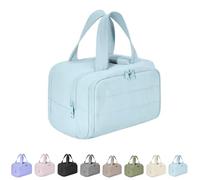 Cureaway Travel Cosmetic Bag, Large Capacity Wide-Open Travel Cosmetic Bag, Waterproof Portable Pouch Open Flat Toiletry Bags, for Women with Divider and Handle (Light Blue)
