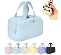 Cureaway Travel Cosmetic Bag, Large Capacity Wide-Open Travel Cosmetic Bag, Waterproof Portable Pouch Open Flat Toiletry Bags, Dry-and-Wet Separation, for Women with Divider and Handle (Blue)