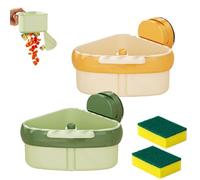 Curetoaway Étagère d’Angle pour Évier avec Ventouse, Collecteur de Déchets Alimentaires pour Évier de Cuisine, Panier Filtre Triangulaire avec Trou d’Évacuation, Porte-Éponge (Vert + Jaune)
