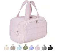 Curetoaway Travel Cosmetic Bag, Cureaway Large Capacity Wide-Open Travel Cosmetic Bag, 4-in-1 Waterproof Portable Puffy Makeup Package, with 4 Compartments and Handle (Pink)