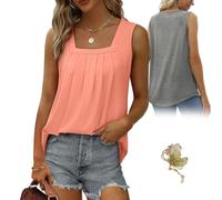 Curetoaway Womens Cute Tank Tops Loose Fit Causal Summer Square Neck Sleeveless Soft Womenswear, Curved Hem Pleated (Pink,5TG)