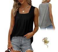 Curetoaway Womens Cute Tank Tops Loose Fit Causal Summer Square Neck Sleeveless Soft Womenswear, Curved Hem Pleated (Black,TG)