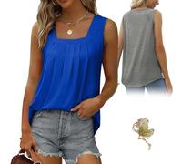 Curetoaway Womens Cute Tank Tops Loose Fit Causal Summer Square Neck Sleeveless Soft Womenswear, Curved Hem Pleated (Blue,TTG)