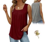 Curetoaway Womens Cute Tank Tops Loose Fit Causal Summer Square Neck Sleeveless Soft Womenswear, Curved Hem Pleated (Wine Red,S)