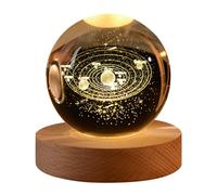 curfair Lampe de nuit en fausse boule de cristal, lumière décorative avec base en bois, système solaire gravé en 3D, planète, globe clair, sphère de chevet, décoration de bureau à LED ré