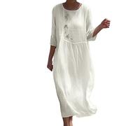 curfair Robe de printemps décontractée pour femme avec fleurs brodées col rond manches trois quarts mi-mollet double couche printemps/automne midi, blanc, XL