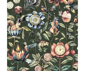 Curious Creatures Papier peint éclectique dessiné à la main Motif animaux et objets Idéal pour les toilettes, les murs d'appartement, les couloirs Vert émeral Holden 13921