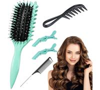 Curly Hair Brush-5 Piece Kit: Curl Brush,Wide Tooth Comb,Tail Comb & 2 Clips-Curly Method 2a To 4c-Anti-Frizz,No Breakage,Mixed