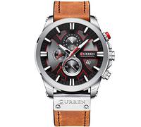 CURREN Montre chronographe de luxe pour homme - Grand cadran - Bracelet en cuir étanche - Pour le sport et l'armée, Marron argenté, Chronographe, mouvement à quartz