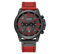 CURREN Montre chronographe tendance multifonction étanche à quartz bracelet en cuir montre militaire noir rouge luxe, noir/rouge, Luxe :