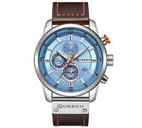 CURREN Montre de poignet pour homme avec bracelet en cuir, chronographe, étanche, sportive, avec date, à quartz, idée cadeau (argent bleu)