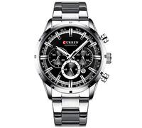 CURREN Montre de sport à quartz chronographe pour homme avec aiguilles lumineuses, horloge tendance en acier inoxydable, date (argenté/noir), Chronographe, mouvement à quartz