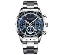 CURREN Montre de sport à quartz chronographe pour homme avec aiguilles lumineuses, horloge tendance en acier inoxydable, date (bleu argenté), Chronographe, mouvement à quartz