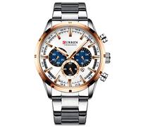 CURREN Montre Homme Sport Quartz Chronographe Montres-bracelets avec Aiguilles Lumineuses à la Mode en Acier Inoxydable Date, blanc argenté, Chronographe, Mouvement Quartz
