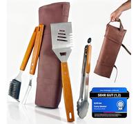 Curry Master Kit de barbecue pour homme dans un étui en cuir - Set d'ustensiles de barbecue en acier inoxydable - Spatule 3 en 1 et brosse de nettoyage - Cadeau idéal pour homme