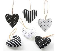 Cœurs à Suspendre en Tissu, Lot de 6: Suspension décorative cœur pour Mariage, été, baptême, décoration à Suspendre pour Branches, Noir & Blanc, avec Ficelle, 5 x 6 cm