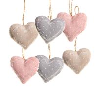 Cœurs à Suspendre en Tissu, Lot de 6: Suspension décorative cœur pour Mariage, été, baptême, décoration à Suspendre pour Branches, Tissu Rose, Beige & Gris, avec Ficelle, 5 x 6 cm
