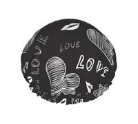 Cœurs écrits à la main, mots d'amour,Bonnet de douche/bonnet de nuit double couche imperméable et élastique, bonnet de bain réutilisable