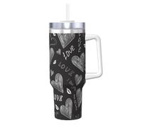 Cœurs écrits à la main, mots d'amour,Gobelet isotherme Ice Bully de 40 oz avec poignée, couvercle et paille, en acier inoxydable, pour voiture ou café.